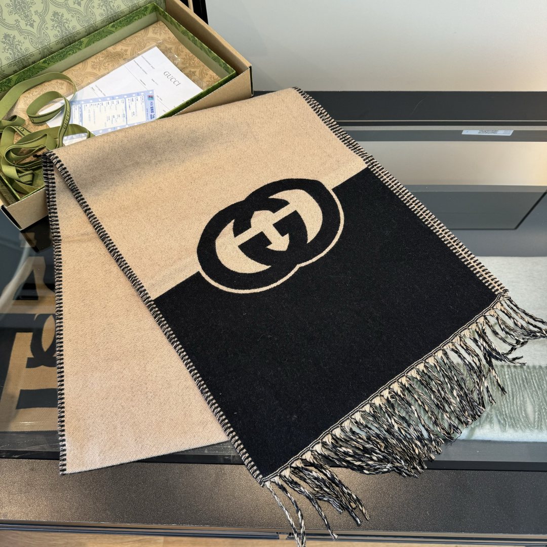 Gucci Black & Beige Fringed Scarf — hero