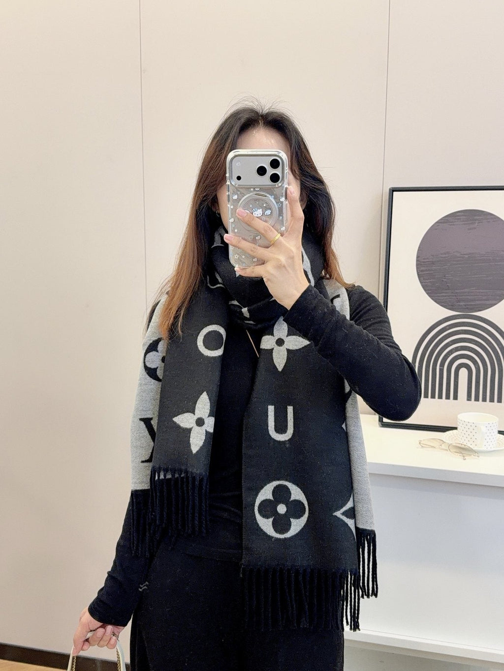 Louis Vuitton Black & Gray Patterned Scarf — model