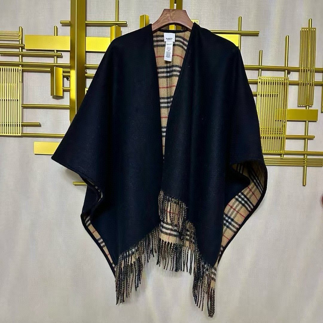 Burberry Reversible Plaid Fringed Poncho Wrap — back