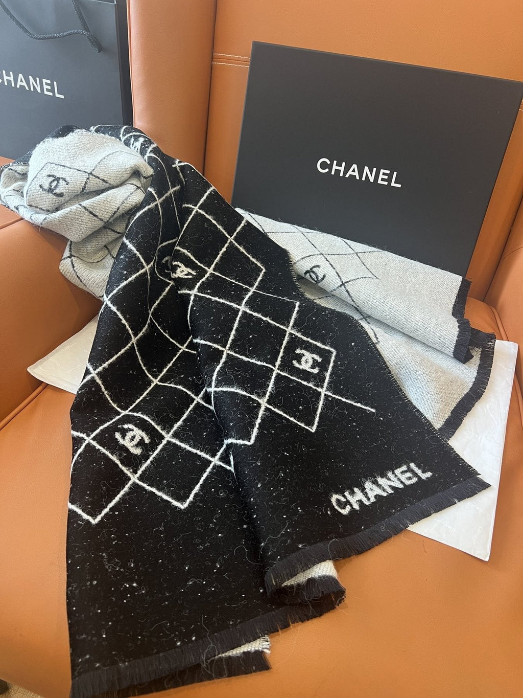 Chanel Black and Ivory Grid Shawl Scarf — detail